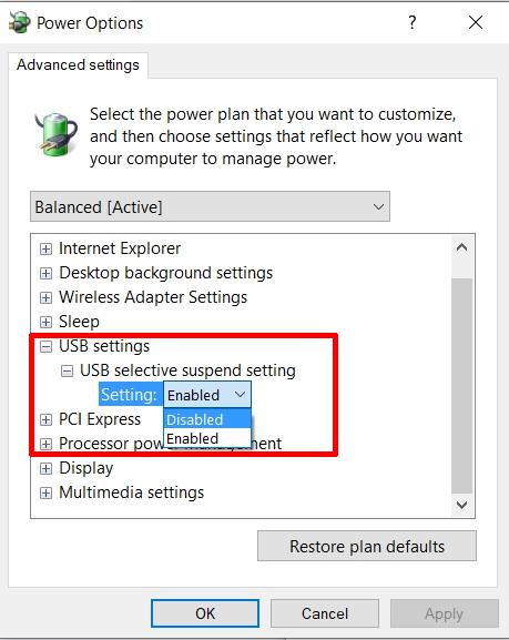 Disable USB selective suspend