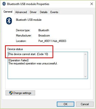 Bluetooth code 10 error
