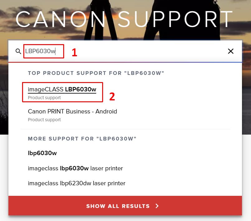 Canon printer model selection