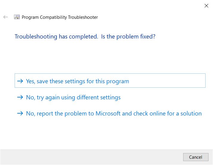 Windows compatibility troubleshooter result