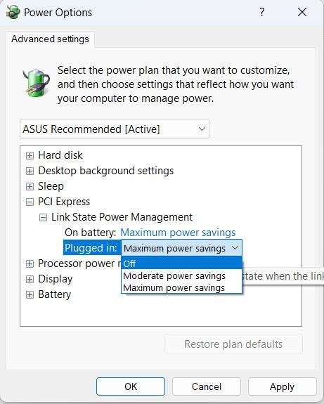 disable link state power management