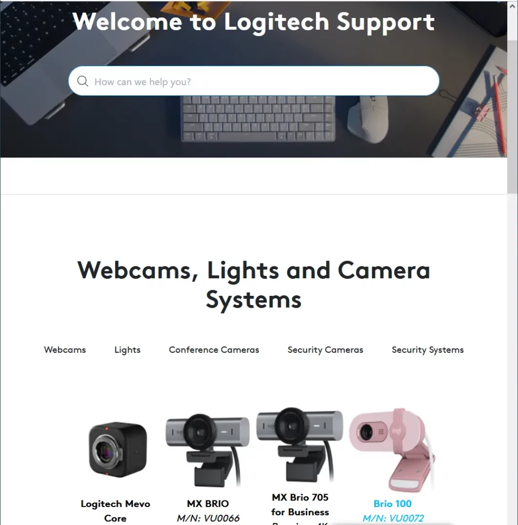 Logitech Webcam Support site
