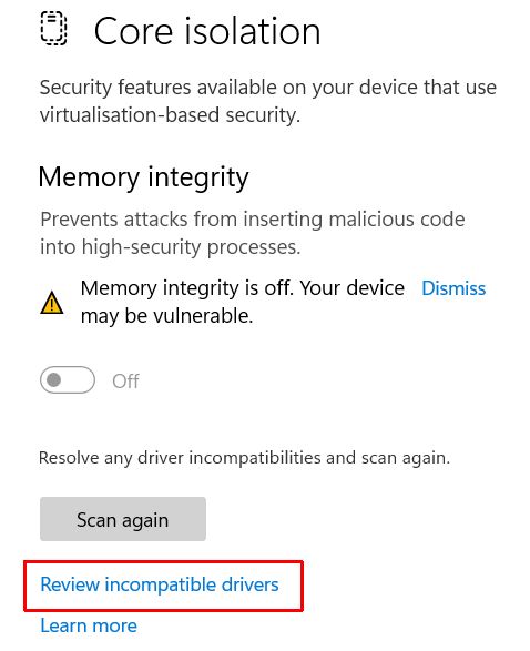 Memory integrity disabled