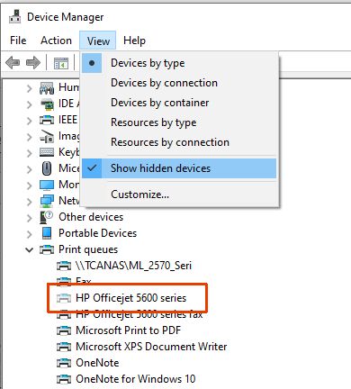 Show hidden devices in Windows device manager