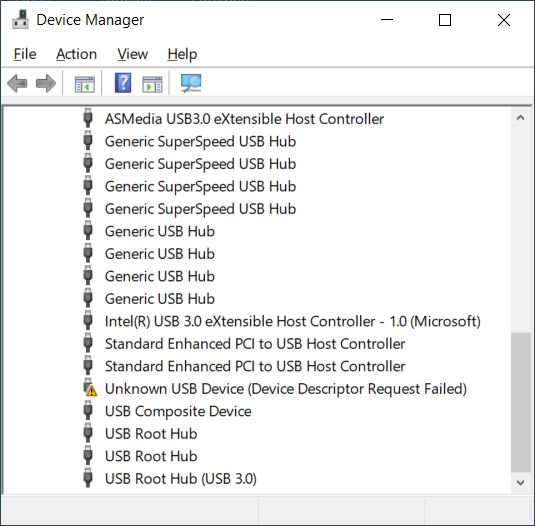 Unknown USB device device descriptor request failed