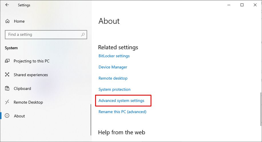 Windows 10 advanced system settings