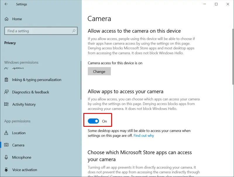 Allow camera access in Windows 10