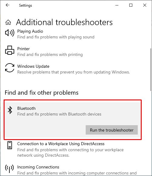 Bluetooth troubleshooter in Windows 10