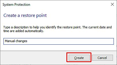 Create restore point in Windows 10