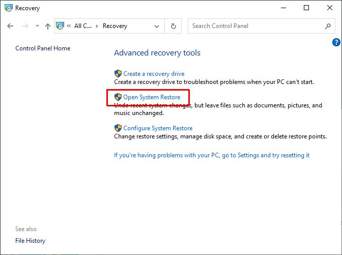 Windows 10 open system restore