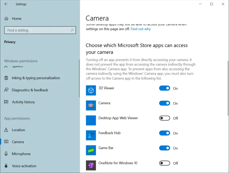 Select apps for camera access in Windows 10