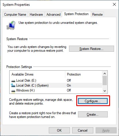 Windows 10 system protection