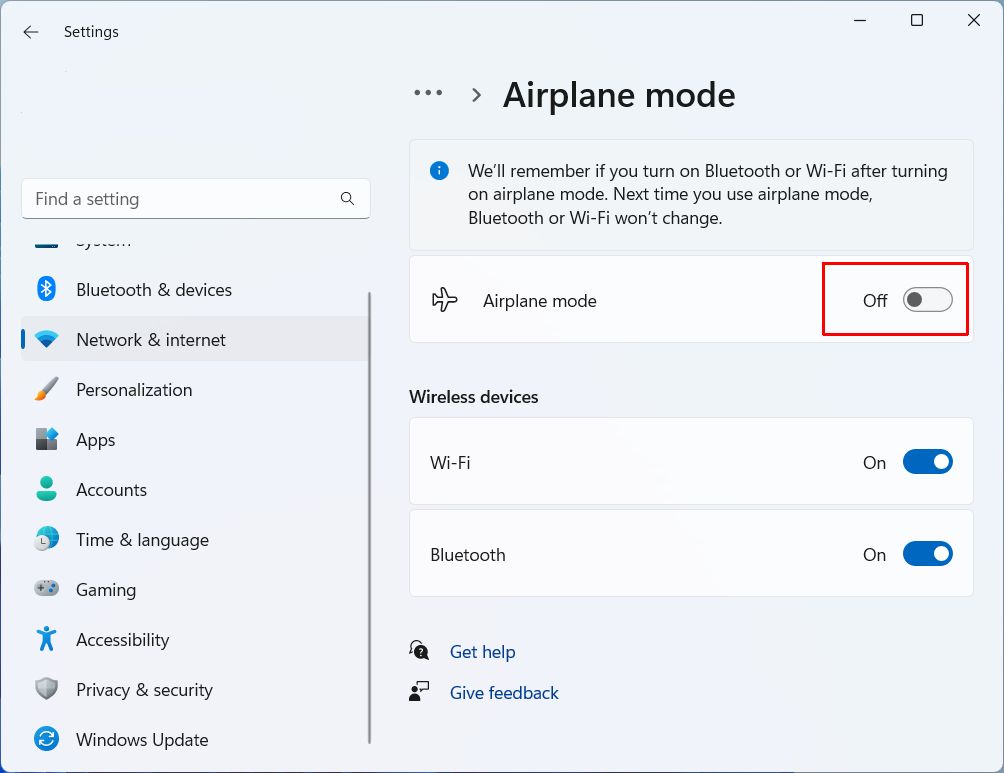 Airplane mode settings in Windows 11