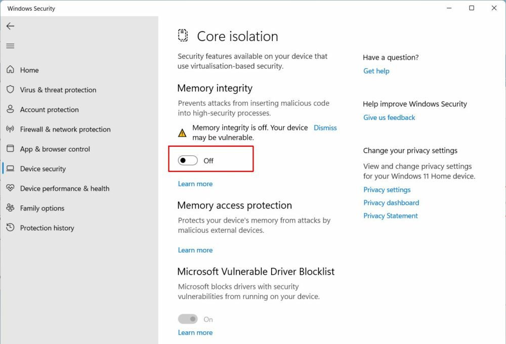 Disable Memory Integrity in Windows 11