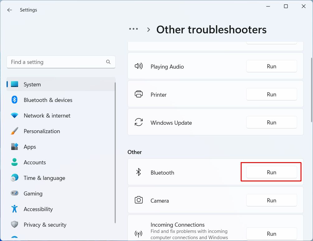 Bluetooth troubleshooter in Windows 11